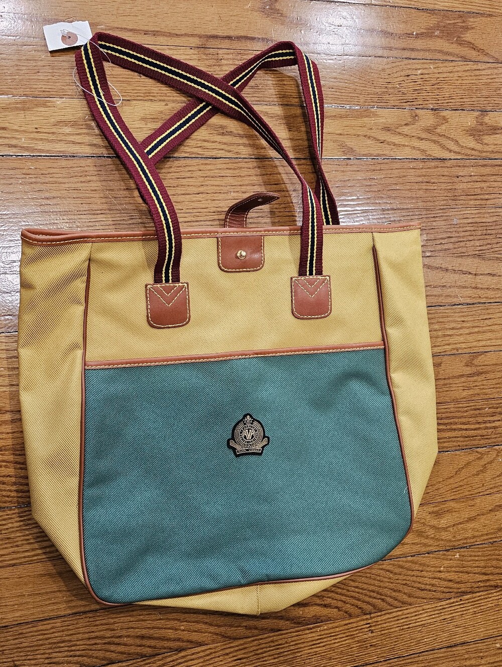 Vintage Canvas Two-Tone Tote Bag in Yellow and Teal with Striped Straps